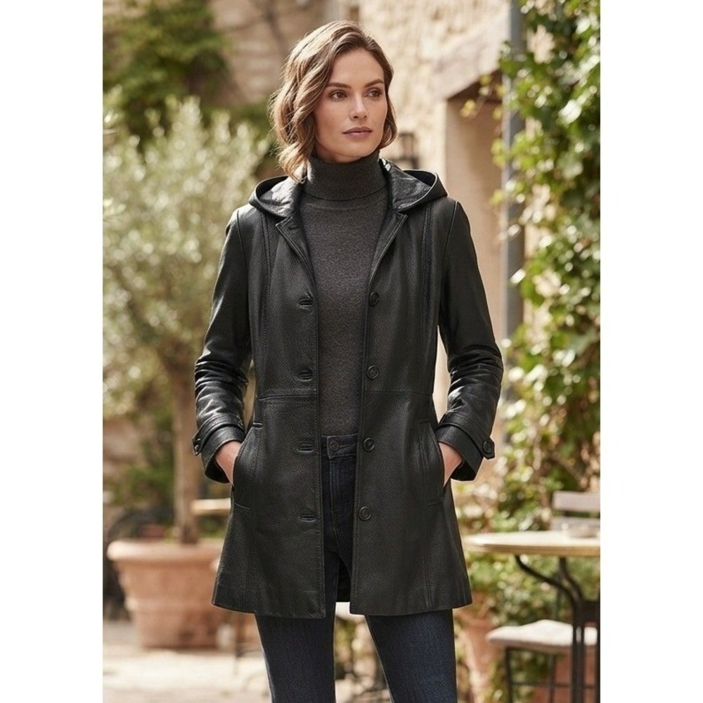 Bagatelle Black Leather Hooded Trench Coat Jacket Womens M Belted Y2K Biker Moto